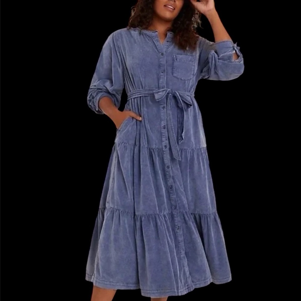 Pilcro Anthropologie Navy Blue Corduroy Tiered Maxi Shirt Dress Marta Sz S